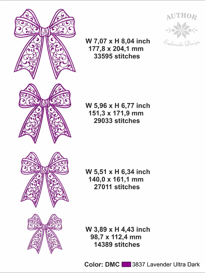 Side bow embroidery design Machine embroidery pattern 4 size Embroidery files coquette bow for sweatshirt, Lace bow embroidery for girl #R40