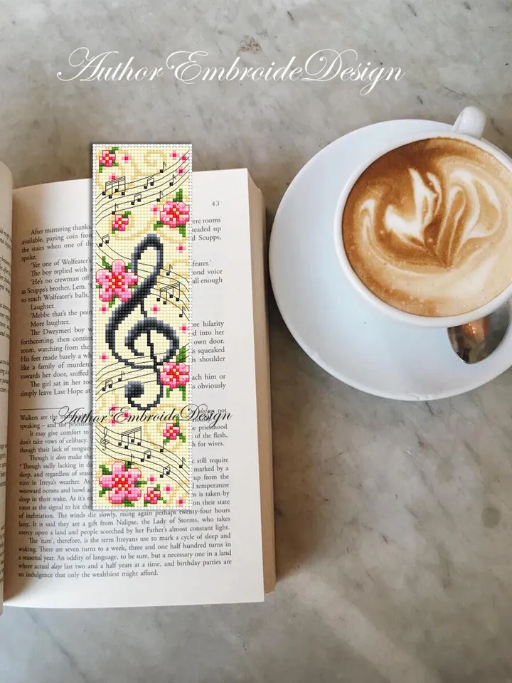 Music bookmark cross stitch pattern PDF download Treble clef cross stitch chart, Flower bookmark pattern digital PDF, Music key notes #B407