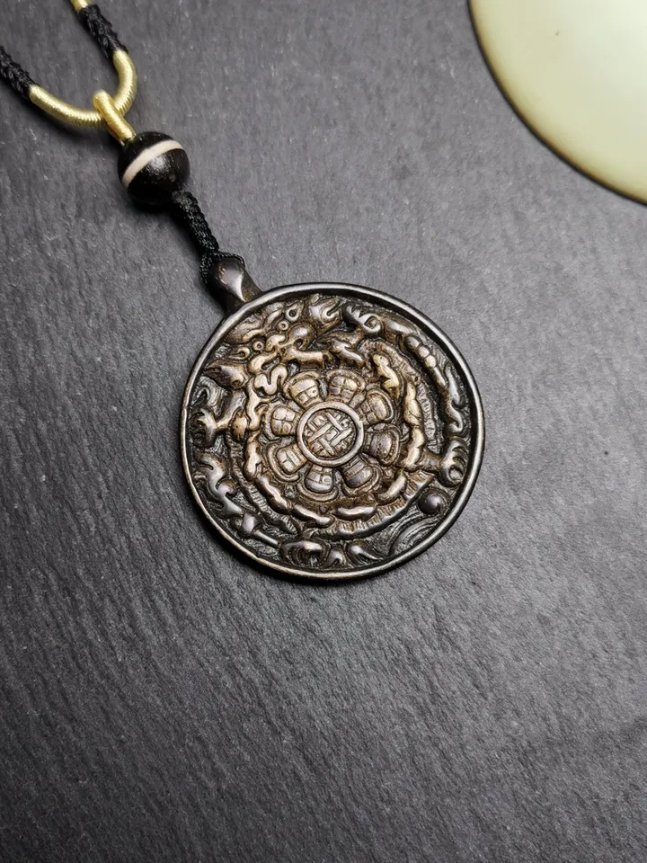 Gandhanra Vintage Tibetan Buddhist Calendar Amulet Black Sipaho Badge - Lima Brass Melong Mirror Protective Charm Feng Shui Pendant,43mm