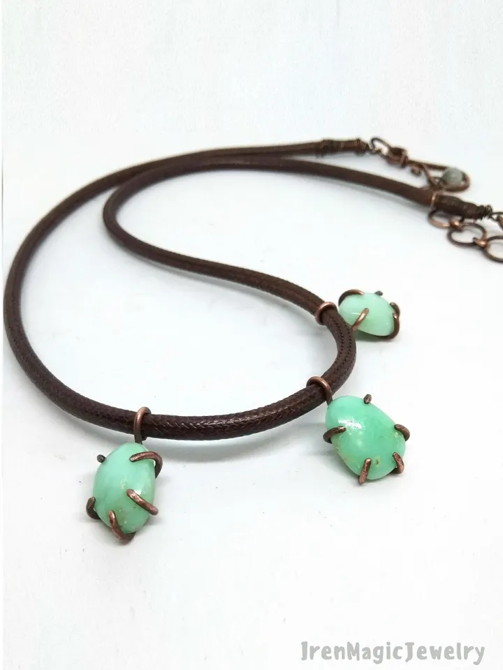 Chrysoprase Boho Necklace in Copper Wrap