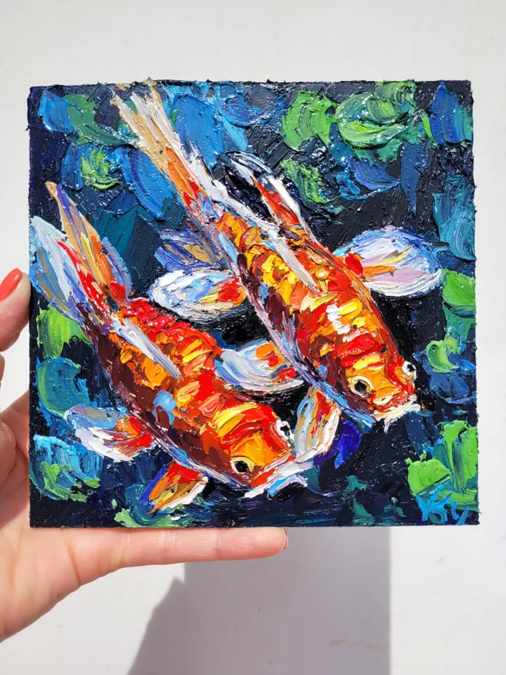 Koi Fish Painting Fish Painting Original Art Impasto Oil Painting 6x6 Animal Painting Food Painting Koi Carp Feng Shui Painting Seafood Art by ArtFromVictoria