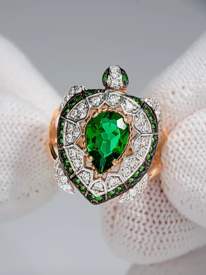 Ring Silver gold plated 925 assay value with green cubic zirconia