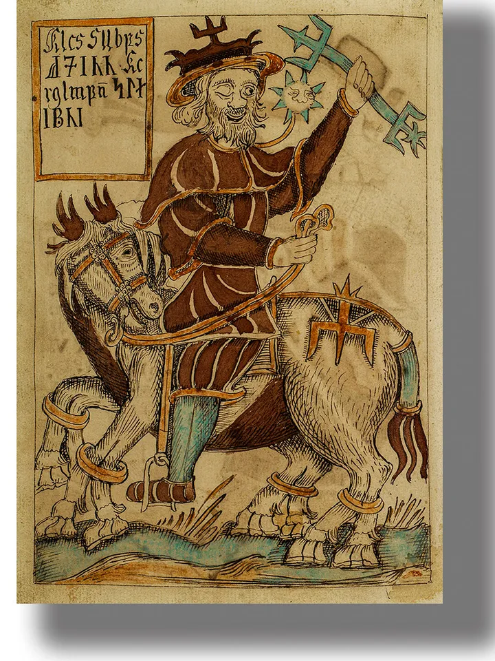 Scandinavian god Odin riding on the eight-legged horse Sleipnir.