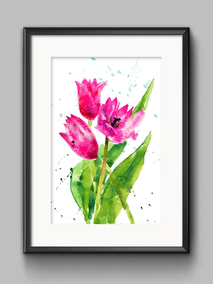 Watercolor picture with tulips, Art print from the original painting, Watercolor digital file, Clipart PNG with tulips