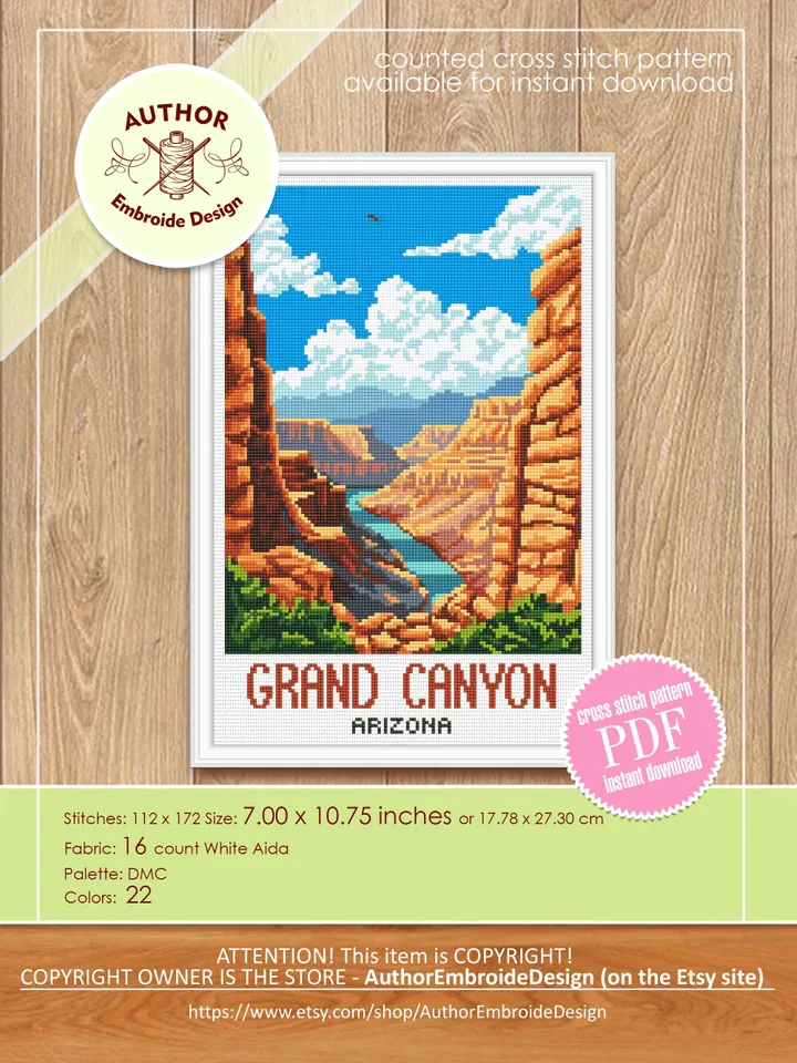 Grand canyon national park cross stitch pattern PDF download Travel poster cross stitch chart, Mountain landscape pattern digital PDF #L98