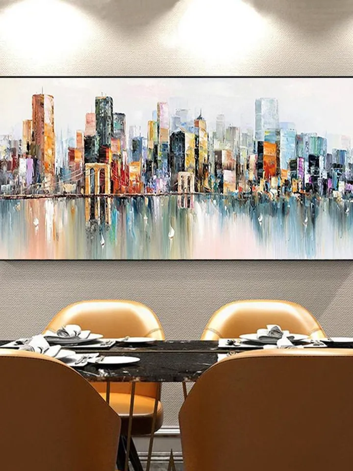 Abstract Cityscape Oil Painting, Large Original Colorful Urban City Landscape Oil Painting on Canvas, Modern Blue Living Room Wall Art Decor