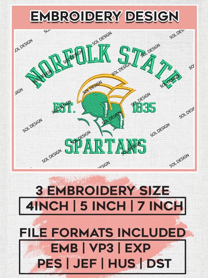 Norfolk State Spartans Est 1835 Logo Embroidery Designs, NCAA Norfolk State Spartans Team Embroidery, NCAA Team Logo, 3 sizes, Machine embroidery Files, Digital Download