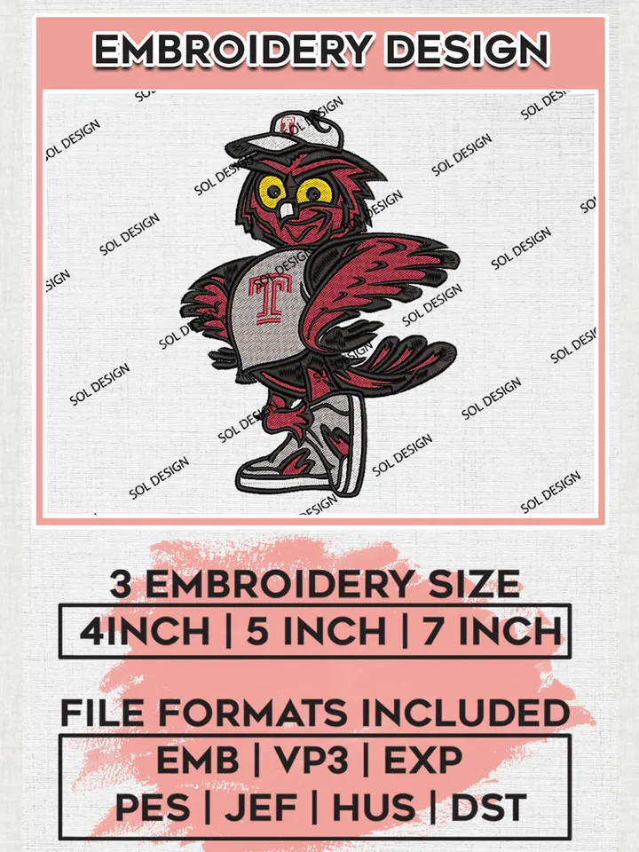 NCAA Temple Owls Team Funny Mascot Logo Embroidery Design Files, NCAA Temple Owls Machine Embroidery, NCAA Teams, 3 sizes, NCAA Machine embroidery designs, Digital Download