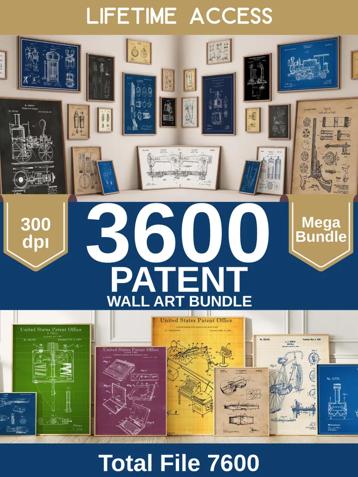 3600 Mega Vintage Patent Posters Bundle, Digital Print Set, Retro Blueprint, Gift for Engineer Men Her, Minimalist Printable Wall Art poster