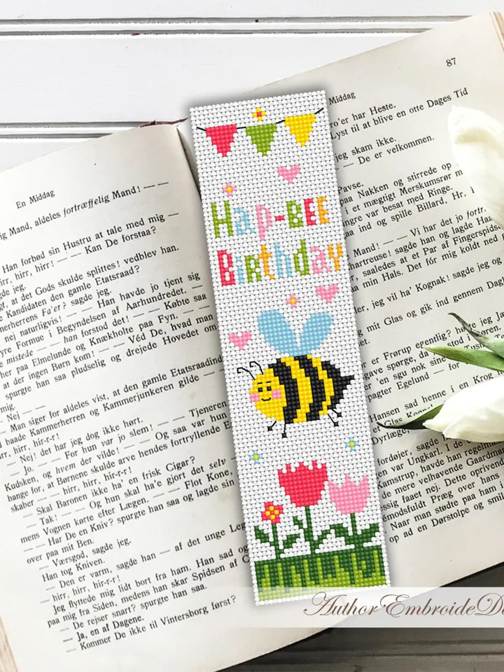 Birthday bookmark cross stitch pattern PDF download Funny bee cross stitch chart, Simple bookmark pattern digital PDF for beginners #B455