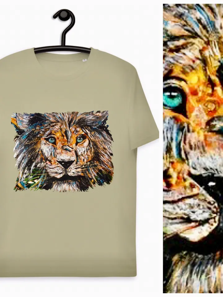 Unique design Lion Unisex organic cotton t-shirt made from  my original mix media artwork on glass,wild animals t shirts, wearable art gifts