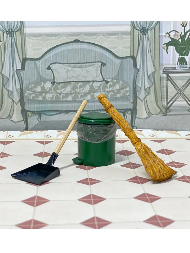 Household set for a dollhouse. Doll accessories, Broom, scoop, bucket.1:12
