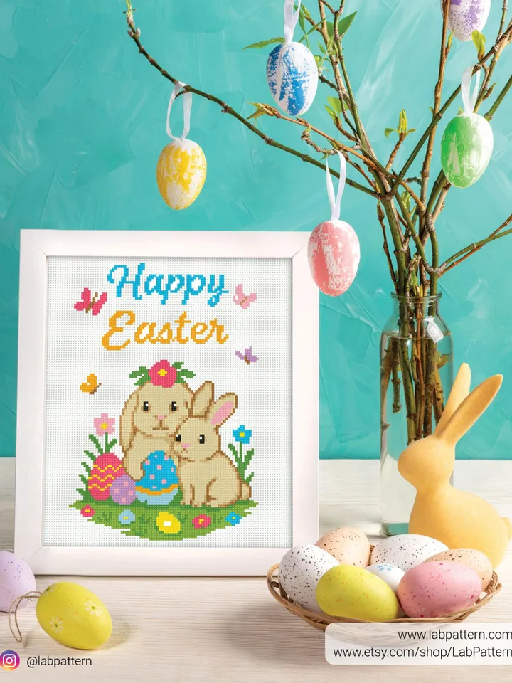 Happy Easter Cross stitch pattern, contemporary, Easter Bunny, Egg hunt, beginner counted, modern chart, gift DIY, embroidery, instant PDF