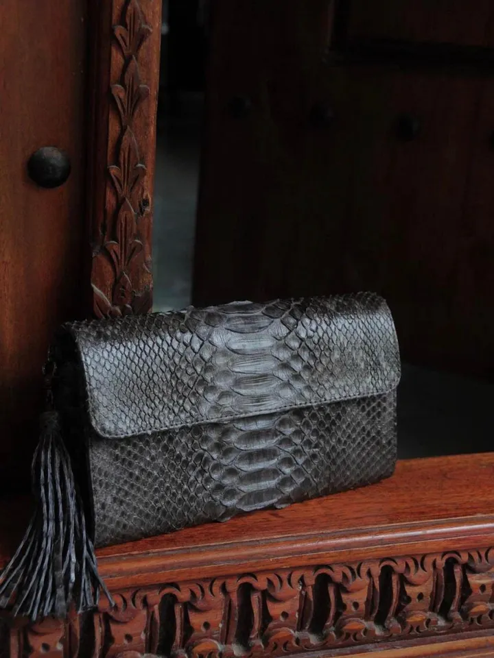 Genuine python skin classy gray flat clutch with shoulder chain | elegant evening women purse | designer leather bags | small snake bag