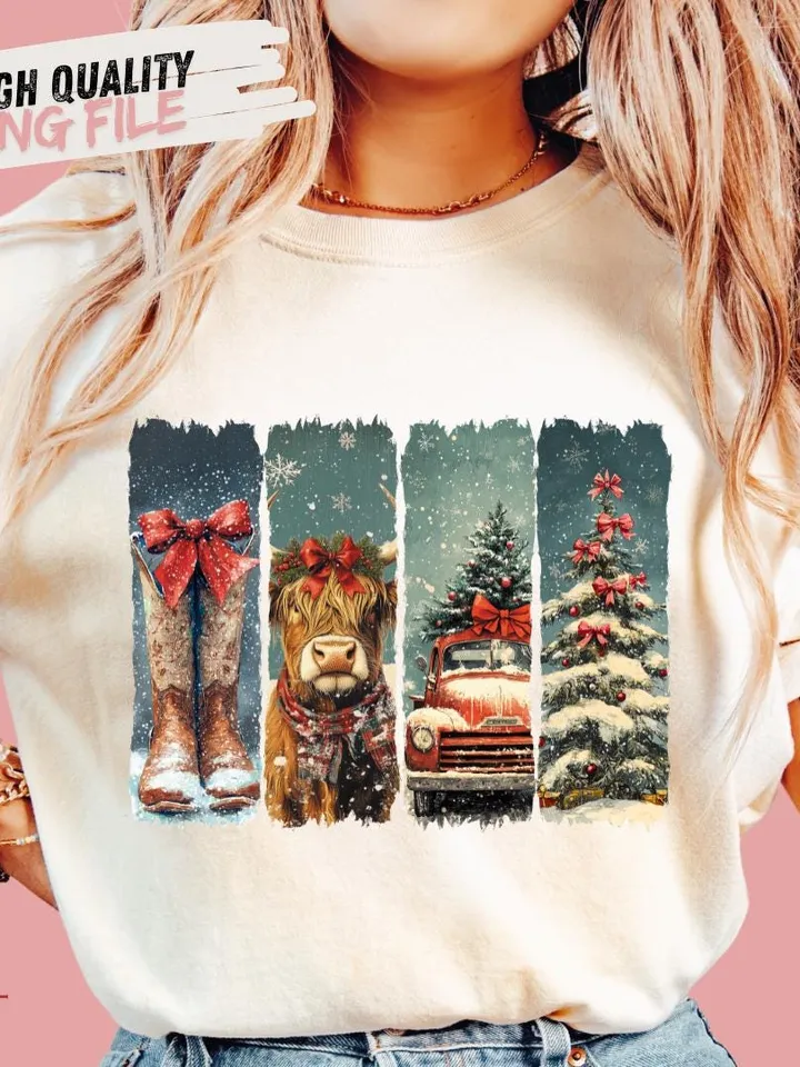 Vintage small town christmas PNG, Cowgirl Png, Small town girl Christmas PNG, highland cow Christmas png, Christmas western png