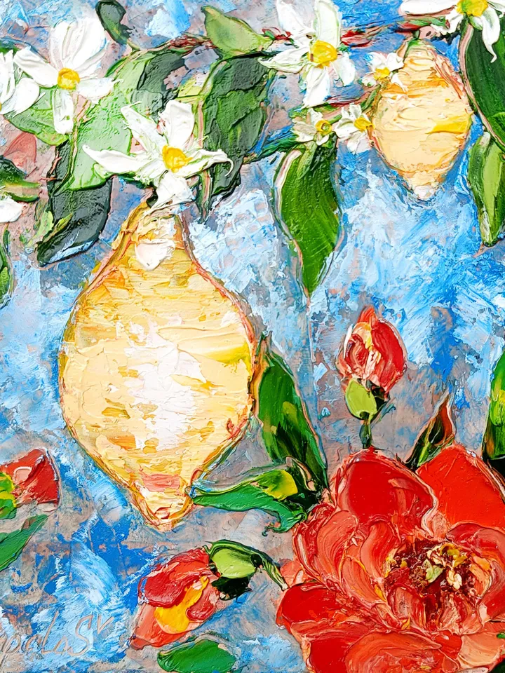 Lemon Painting Fruit Original Art Impasto Oil Painting Christmas Gifts Italy Poppy Small Artwork 6 by 6 by Art ProkopaloSv