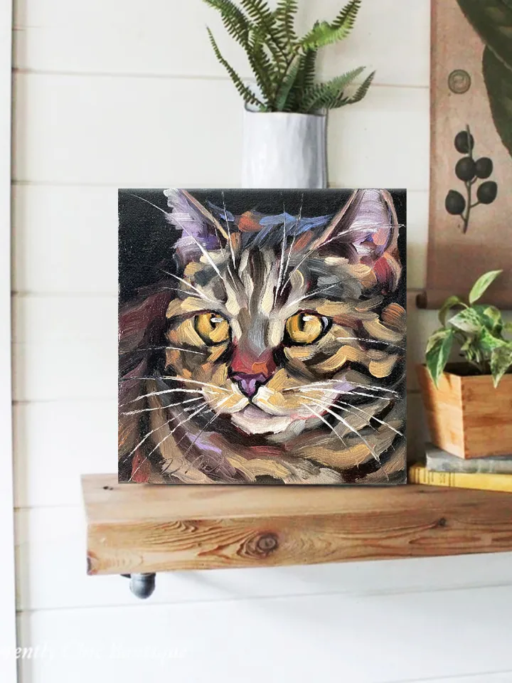 Cat Portrait Painting Original Pet Artwork Oil Canvas 6x6" Animal Wall Art Kitten Painting