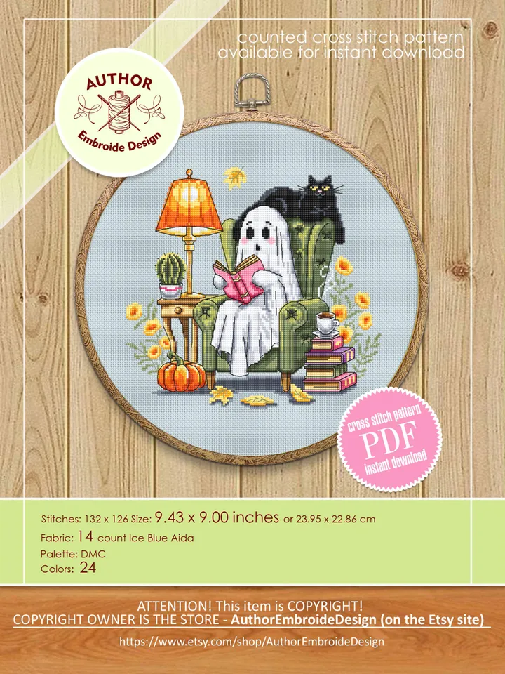 Cute ghost with black cat cross stitch pattern PDF download Set of 3 ghost cross stitch chart Halloween pattern digital PDF Fall leaves #H91