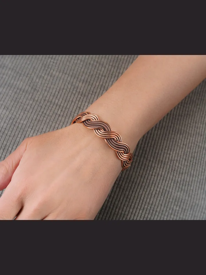 Wire wrapped bracelet, Unique 7th 22nd Anniversary gift idea, Art Nouveau antique style, One of kind braided statement bangle, Handmade oxidized pure copper jewelry, Pain relief, EMF protection