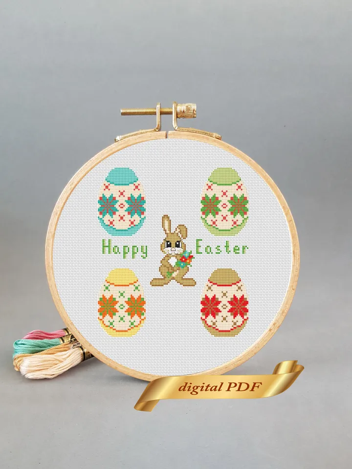 Easter sampler pattern pdf cross stitch, Easy embroidery DIY, small pattern egg and rabbit