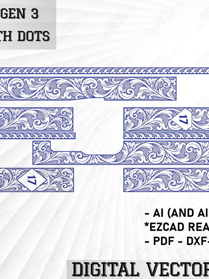 Glock 17 Gen 3 Scroll Ornamental with Dots Engraving Design – engraving Svg Scroll patterns | Digital Download | Engraving Laser Cut File |