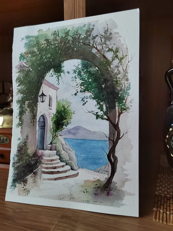 Greek Landscape Artwork Original Watercolor Painting Arch & Grape Vine 8.27x11.42 in by Art Café