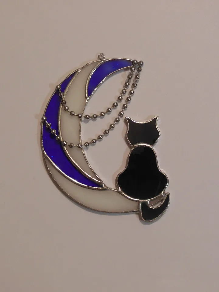 Black Cat On Moon with Chains . Art stained glass hanging Suncatcher . Gift for animal lover , pet loss memorial White , blue and black