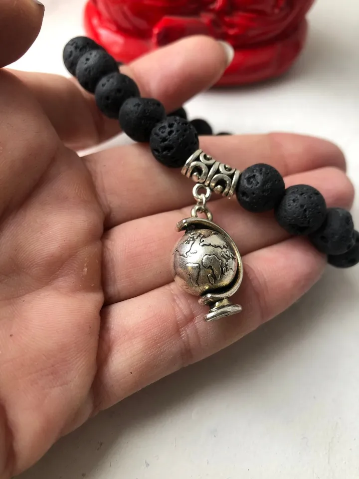 Lava Stone Globe Pendant woman handmade beaded bracelet | Gift for travellers | Spinning Pendant Jewerly | Bali Lava Jewerly Bracelet