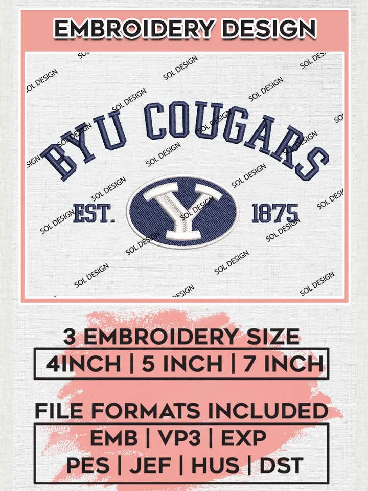 NCAA BYU Cougars Team Est 1875 Logo Embroidery Design Files, NCAA BYU Cougars Machine Embroidery, NCAA Teams, 3 sizes, NCAA Machine embroidery designs, Digital Download