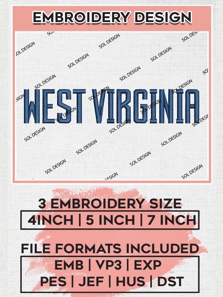 West Virginia NCAA Team Wordmark Logo Embroidery Design Files, NCAA West Virginia Mountaineers Machine Embroidery, NCAA Teams, 3 sizes, NCAA Machine embroidery designs, Digital Download