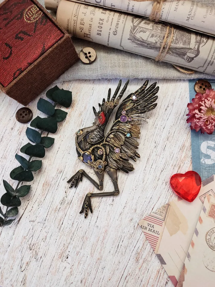 Dancing Crane brooch, bird brooch, crane, bird jewelry, brooch with stones