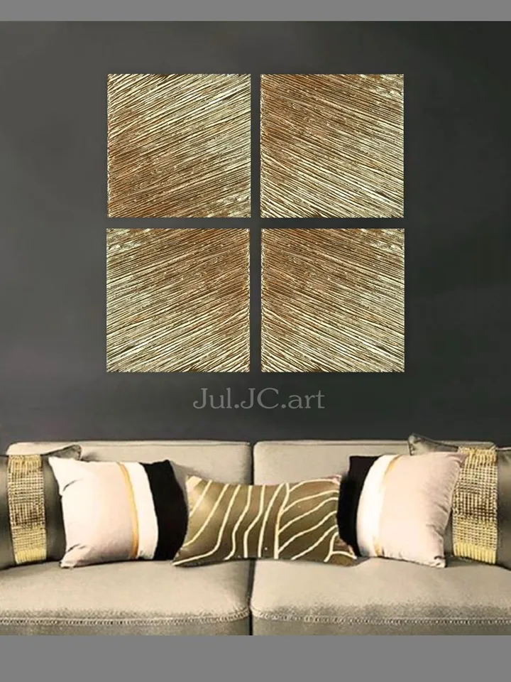 Gold Abstract Wall Art Set of 4 Original Paintings Textured art | Gold Metallic Modern wall decor Gold Leaf Art