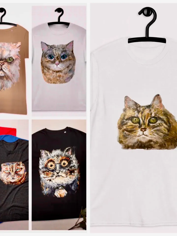 Lovely cat Short-Sleeve Unisex T-Shirt made with my original watercolor cat portrait,cat lovers wearable gifts,t shirts for her.