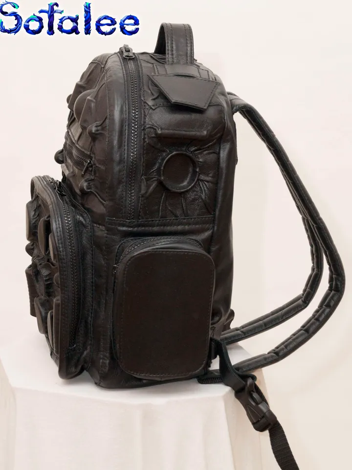 Backpack of genuine leather black color, 3D details modern style. Outdoor Casual Backpack.