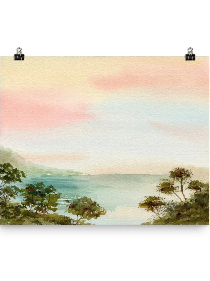 Colorful Landscape Watercolor Painting Art Print, Pink Sunset Art, Pastel Color Art, Boho Office Decor, Pink Landscape, Preppy Girl Decor