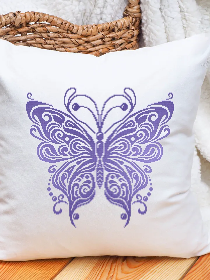 Mandala butterfly cross stitch pattern PDF download Monochrome butterfly digital PDF, Vintage butterfly ornament cross stitch chart #M213