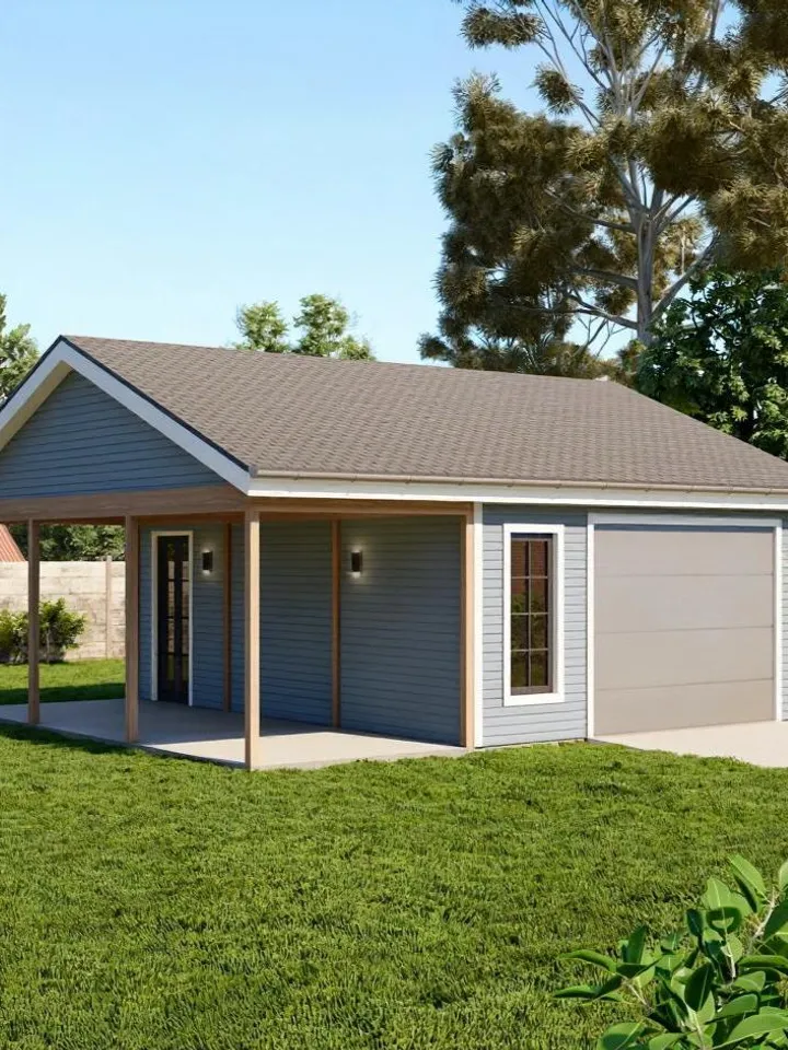 One Car Garage Plan with Porch, 24'x 22' Building Carport Architectural Blueprints +Material List