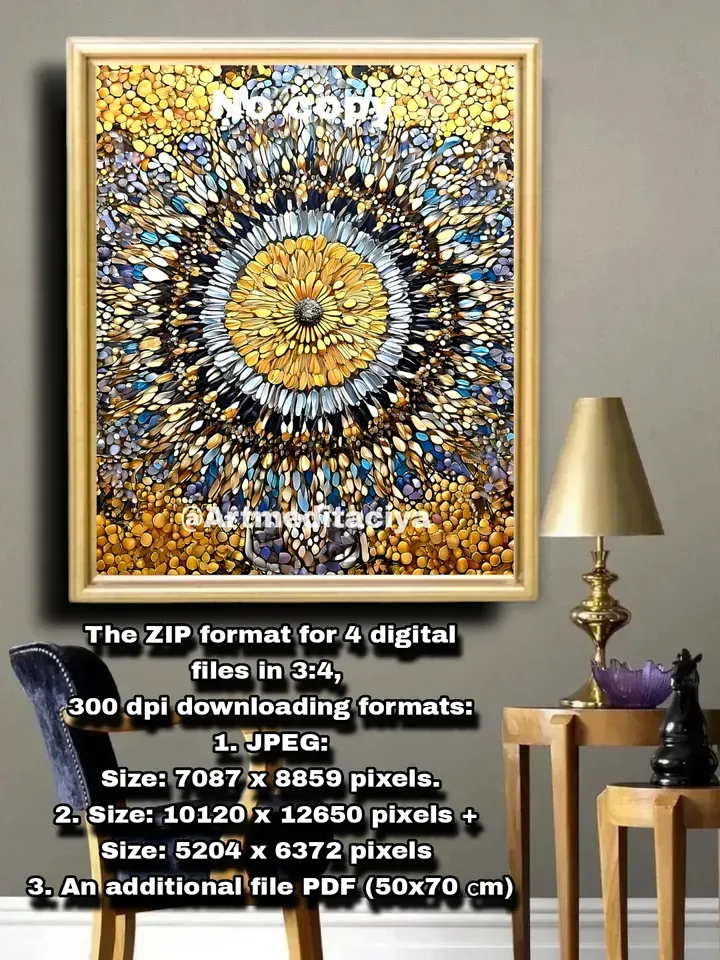 Modern digital abstract energy painting "Mandala of Harmony" abstract panel in bronze-gold shade with gray-blue, silver, black inclusions in the style of zenart, pointillism, interior painting