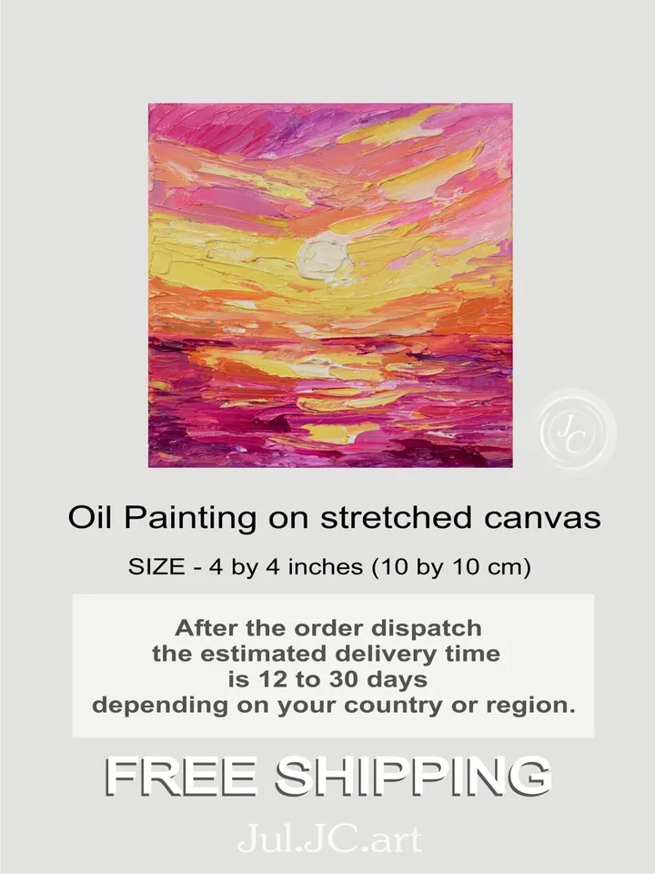 Abstract Seascape art Colorful Sunset small oil painting California coast original artwork 4 by 4 inch Beach art by Juliya JC