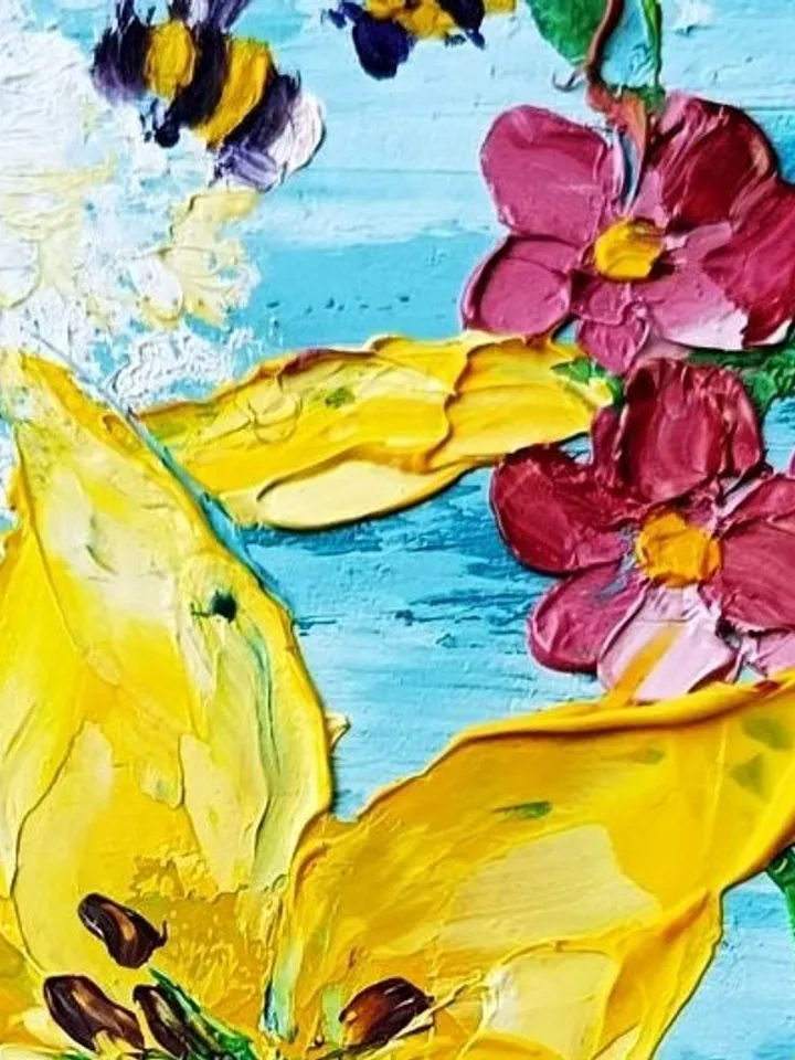 Honeybee Painting Dandelion Original Art 6x4 Floral Impasto Oil Painting Flowers Wall Art by ArtProkopaloSv