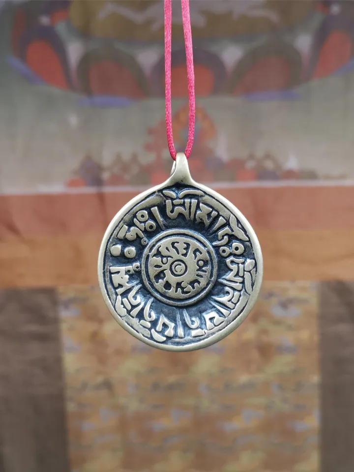 Gandhanra Vintage Tibetan Buddhist Amulet,Om Badge Pendant, Mantra of Om Mani Padme Hum, Made of Lima Brass,1.58"