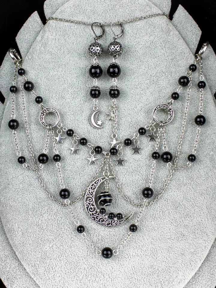 Star and moon necklace and earringsy | Boho Celestial Set | Obsidian Necklace | Vintage Moon Earrings | Unique Gift