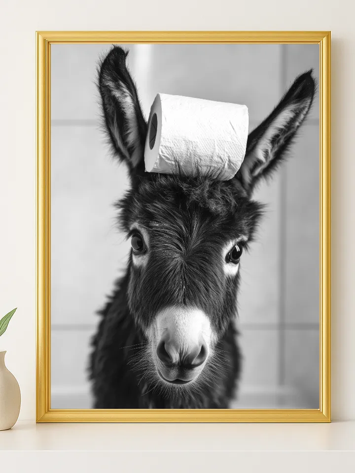 Funny Donkey Bathroom Wall Art, Cute Farm Animal with Toilet Paper Hat Print, Whimsical Farmhouse Bathroom Decor, Digital Download
