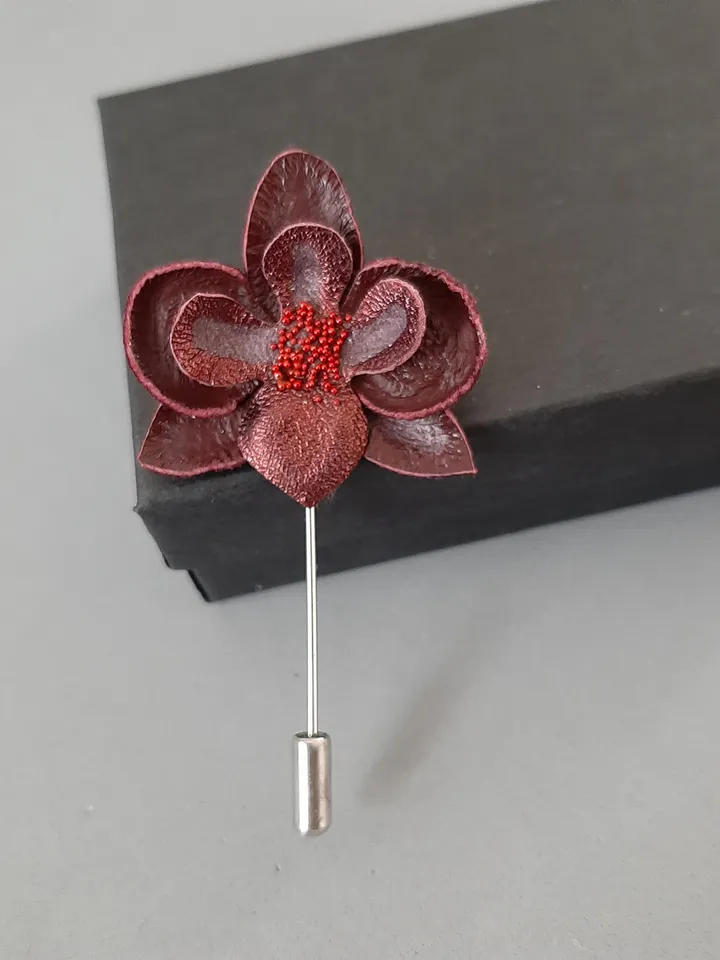 Bordo orchid men's lapel pin Leather boutonniere for him 3rd anniversary gift, art 17