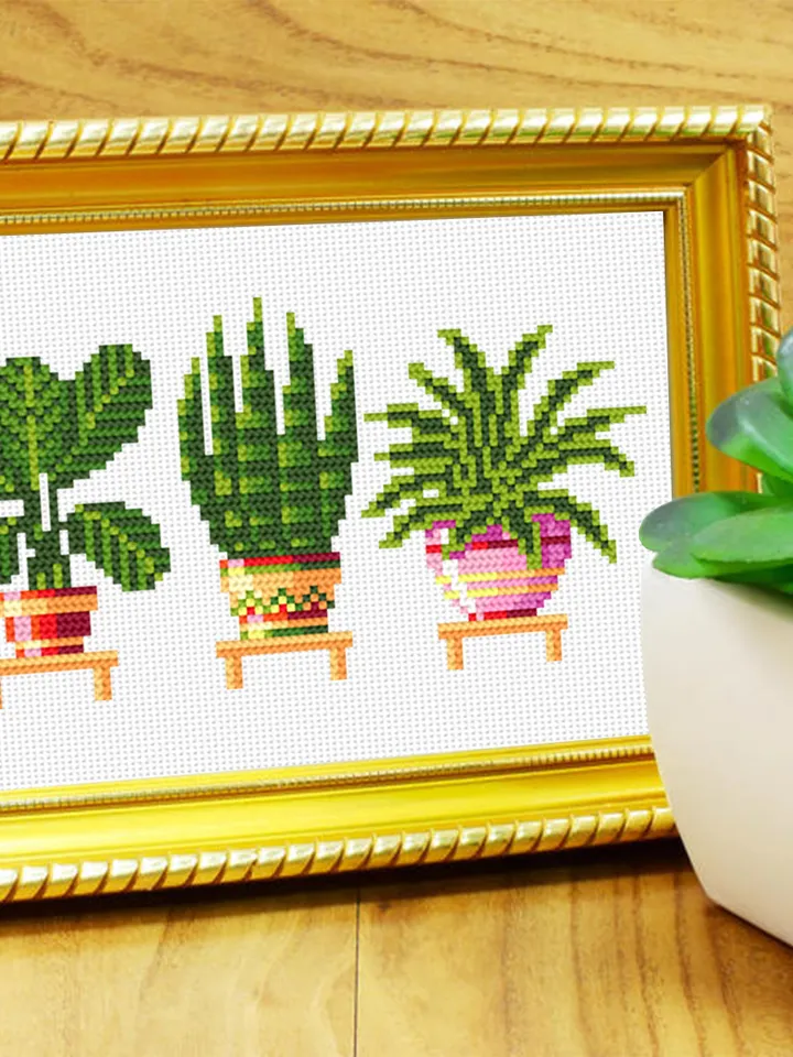 Potted plants cross stitch pattern download PDF, Small floral cross stitch chart, House plant hand embroidery PDF, Quick beginner stitch #P4