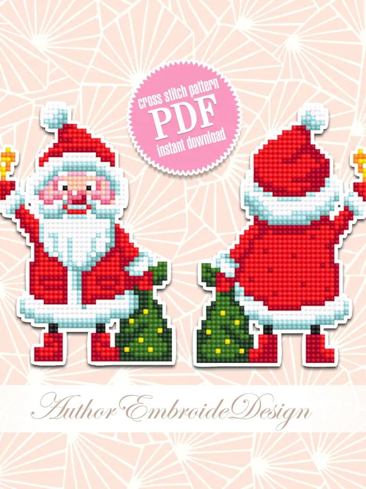 Santa Christmas tree decor for plastic canvas cross stitch pattern PDF download Double-sided Christmas ornament Plastic canvas pattern #N97