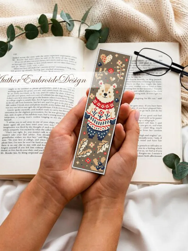 Animal bookmark cross stitch pattern PDF download Scandinavian folk bear cross stitch chart, Autumn bookmark pattern digital PDF #B425