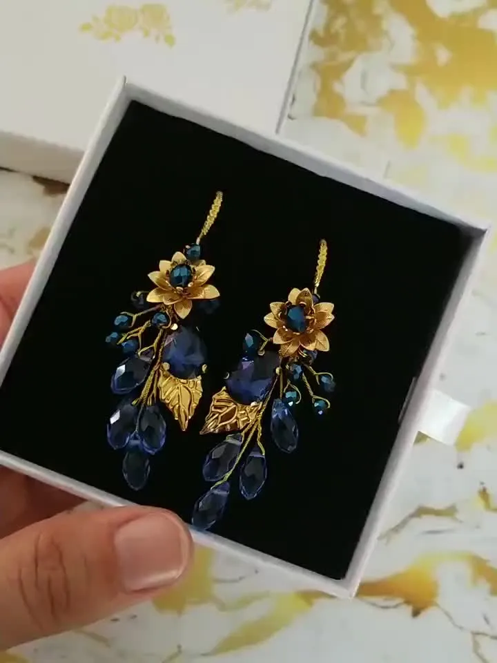Gorgeous Blue Sapphire Gold Wedding Earrings Bracelet Jewelry Set , Floral Boho Bridal Earrings, Chandelier Statement Bohemian Earrings,