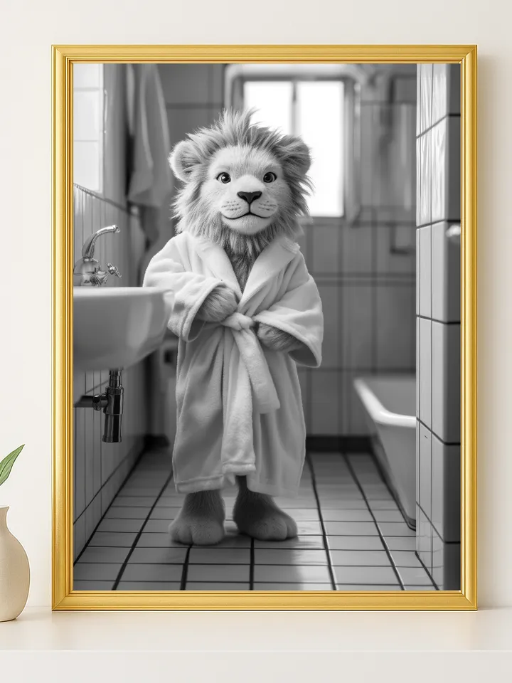 Cute Lion Bathroom Wall Art, Funny Jungle Animal in Robe Print, Whimsical Safari Nursery Decor, Digital Download