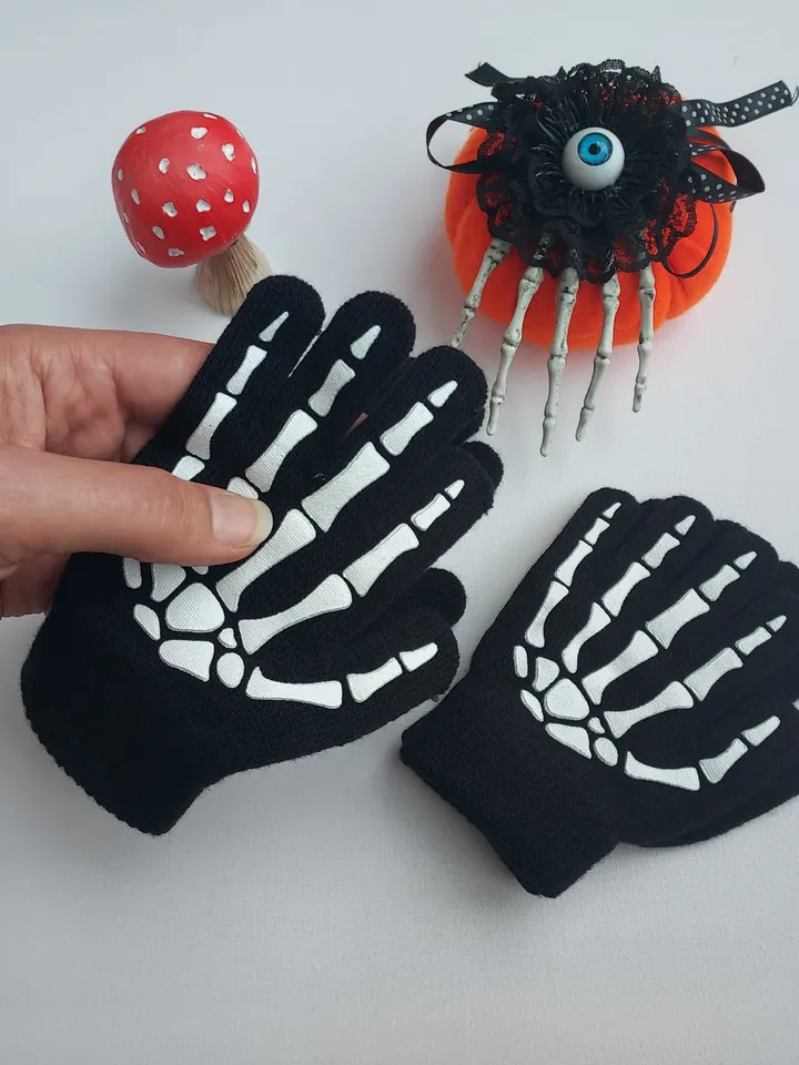 Halloween skeleton gloves for kids, Skeleton costume, Glow in de dark, Teenager finger gloves